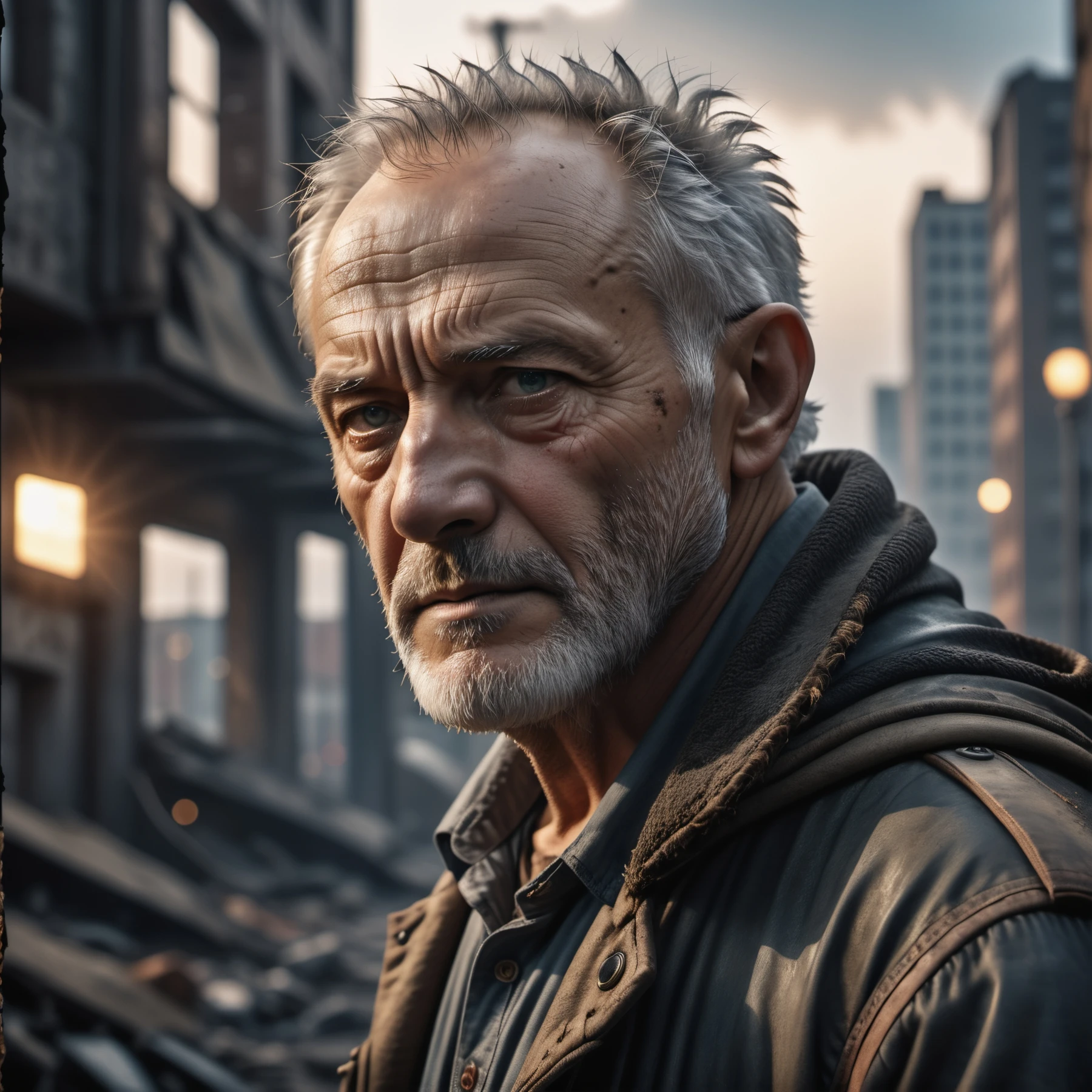 cinematic photo sad old man in a post apocalyptic destroyed city after nuclear blast, newdawn, closeup, high quality photography, 3 point lighting, flash with softbox, 4k, Canon EOS R3, hdr, smooth, sharp focus, high resolution, award winning photo, 80mm, f2.8, bokeh , detailed, realistic, 8k uhd, high quality, high quality photography, 3 point lighting, flash with softbox, 4k, Canon EOS R3, hdr, smooth, sharp focus, high resolution, award winning photo, 80mm, f2.8, bokeh . 35mm photograph, film, bokeh, professional, 4k, highly detailed, high quality photography, 3 point lighting, flash with softbox, 4k, Canon EOS R3, hdr, smooth, sharp focus, high resolution, award winning photo, 80mm, f2.8, bokeh