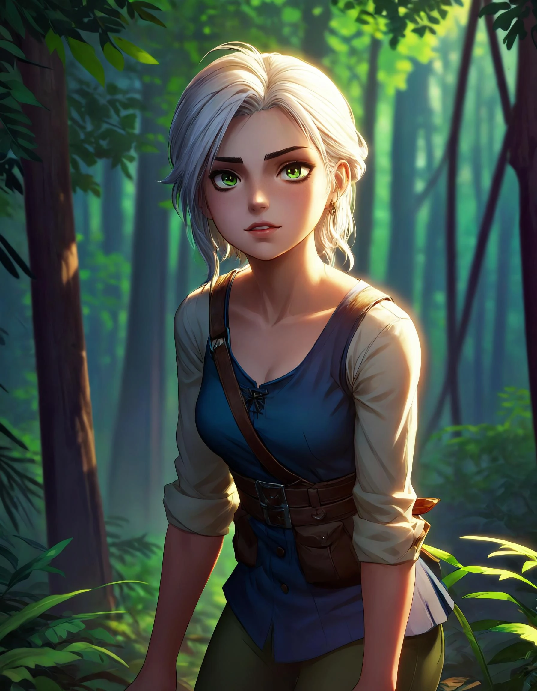 anime artwork In a lush jungle teeming with towering trees, tangled vines, and dappled sunlight, a young woman named Ciri moves cautiously through the verdant landscape. Her attire is a striking mix of elements: she wears a school uniform shirt dyed a deep blue, matching it with long jeans, but her clothes are layered with army fatigues, suggesting a survivalist's edge. Though her eyes are a striking shade of green, they're filled with a palpable sense of worry. Her white hair is pulled back into a tight ponytail, and she sports a pair of understated earrings that glint in the scattered rays of sunlight filtering through the forest canopy. . anime style, key visual, vibrant, studio anime, highly detailed