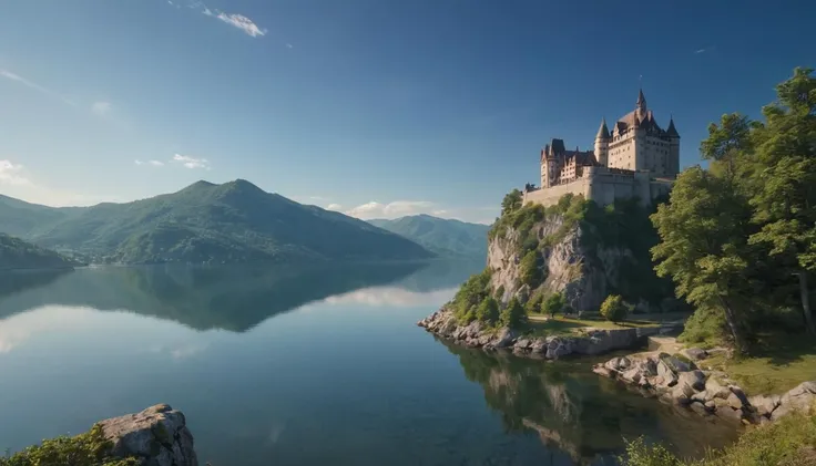 A historic European castle, perched on a cliff overlooking a serene lake. captured on a sony A6000
