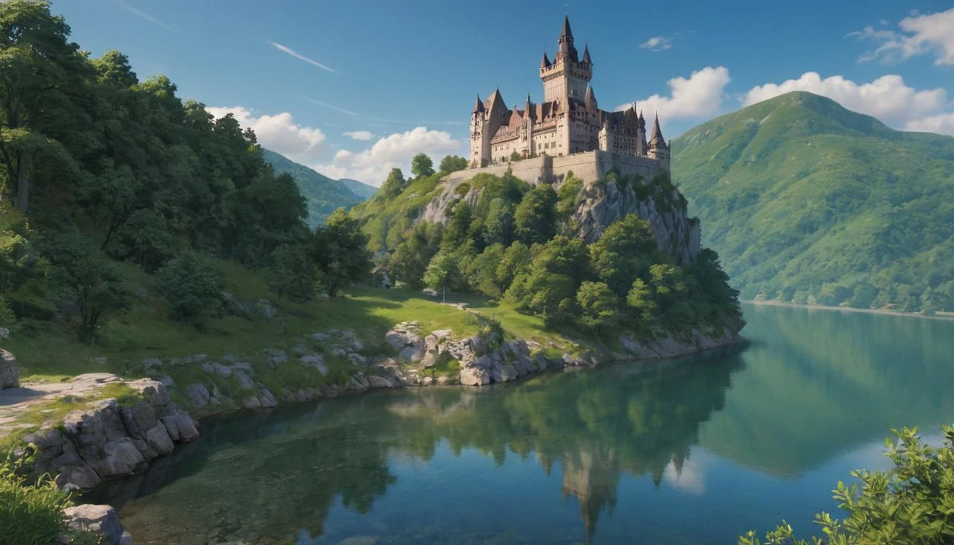 A historic European castle, perched on a cliff overlooking a serene lake. captured on a sony A6000