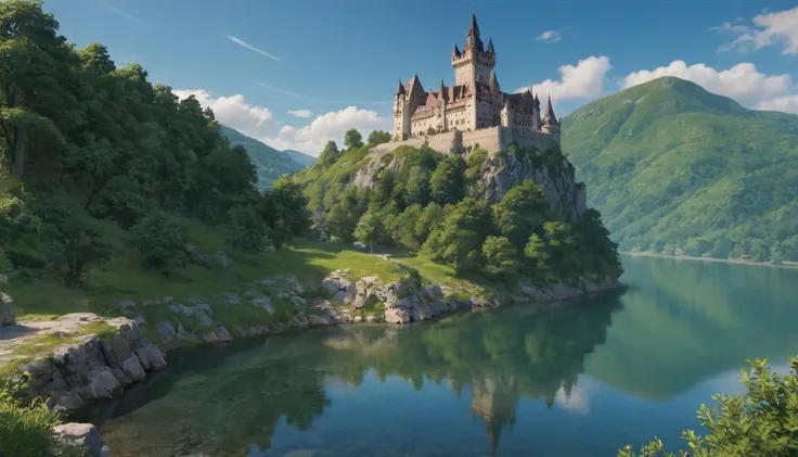 A historic European castle, perched on a cliff overlooking a serene lake. captured on a sony A6000
