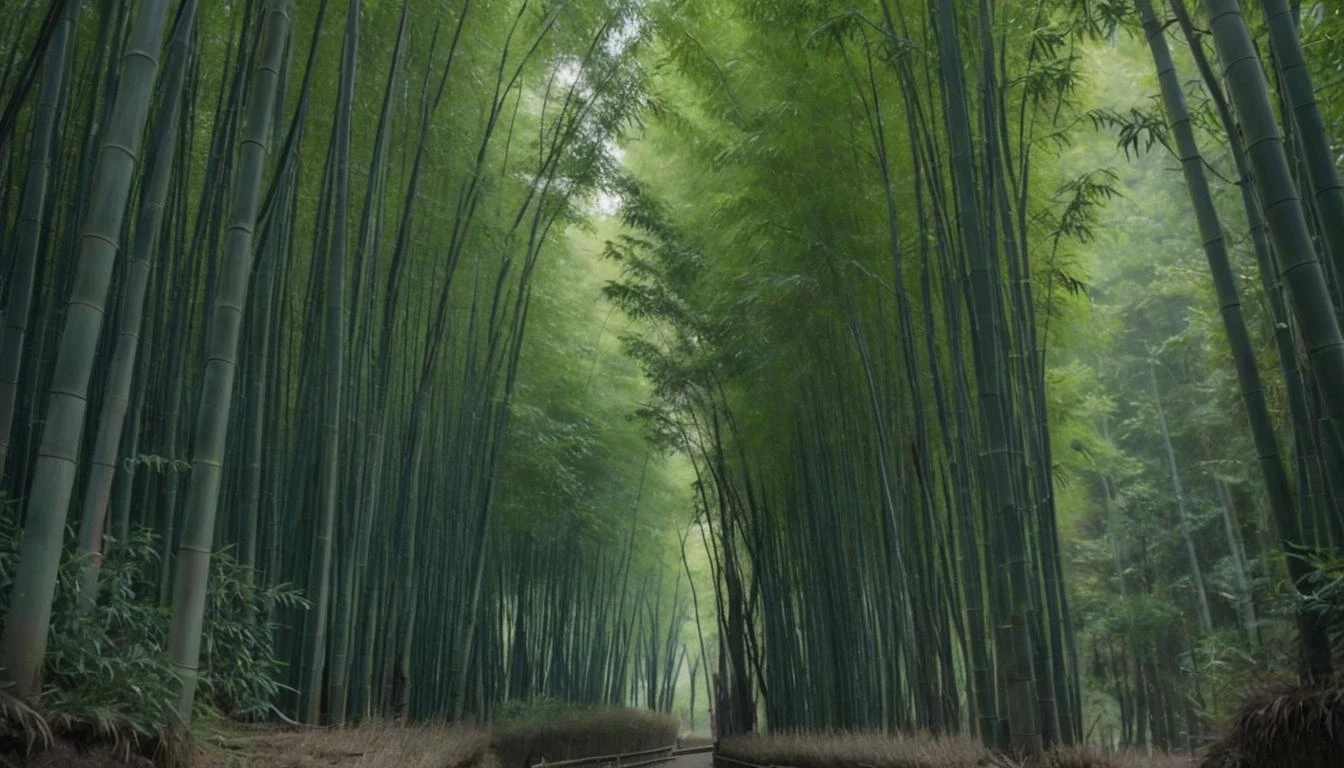A dense bamboo forest in Japan, where the stalks sway gently in the wind, creating a symphony of natural sounds. captured on a sony A6000
