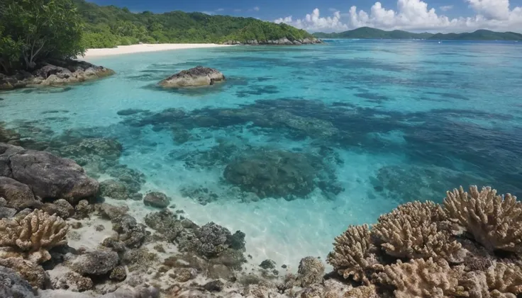 A lush tropical island, complete with crystal-clear lagoons and coral reefs. captured on a sony A6000
