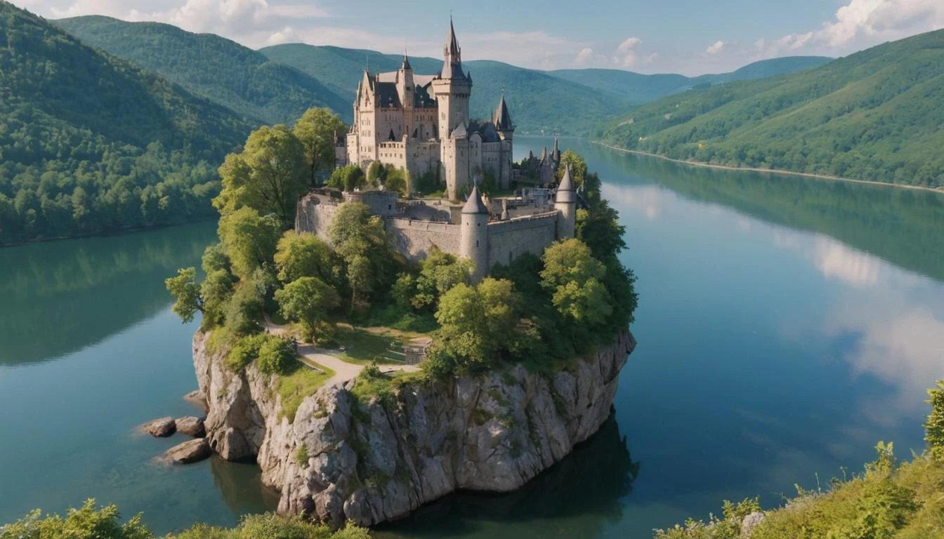 A historic European castle, perched on a cliff overlooking a serene lake. captured on a sony A6000