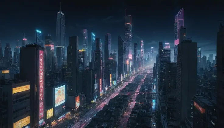 A futuristic cityscape, illuminated by neon lights and towering skyscrapers. captured on a sony A6000