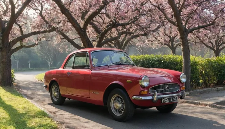 captured on a sony A6000 The vintage car, a relic of a bygone era, boasted a sleek, cherry-red finish and gleaming chrome bumpers.