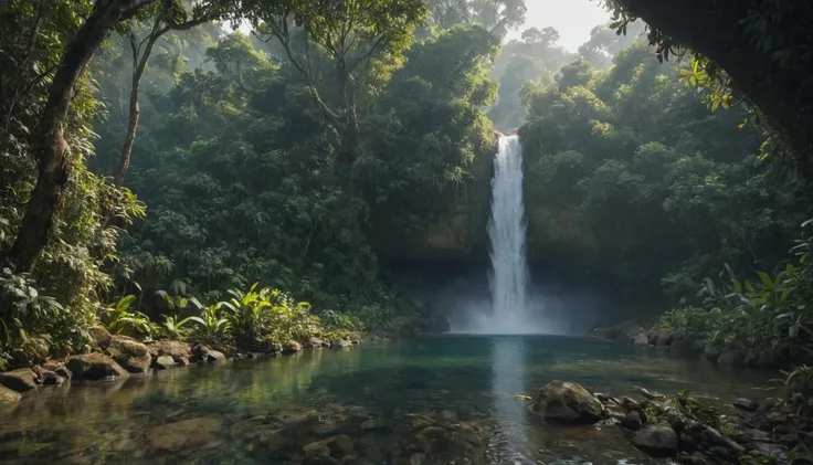 A hidden waterfall in the Amazon Rainforest, surrounded by exotic flora and fauna, accessible only by a narrow, winding path. captured on a sony A6000 
