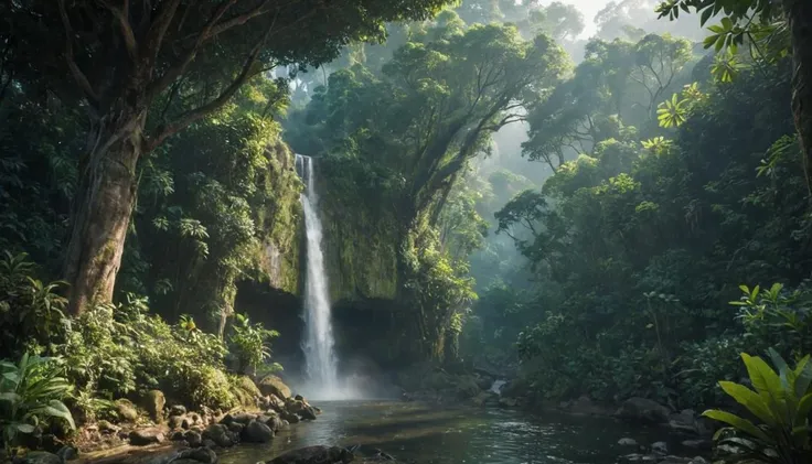 A hidden waterfall in the Amazon Rainforest, surrounded by exotic flora and fauna, accessible only by a narrow, winding path. captured on a sony A6000 
