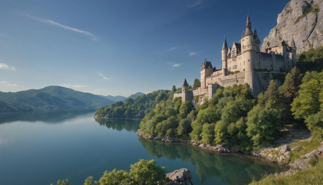 A historic European castle, perched on a cliff overlooking a serene lake. captured on a sony A6000