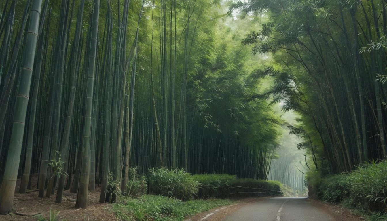 A dense bamboo forest in Japan, where the stalks sway gently in the wind, creating a symphony of natural sounds. captured on a sony A6000
