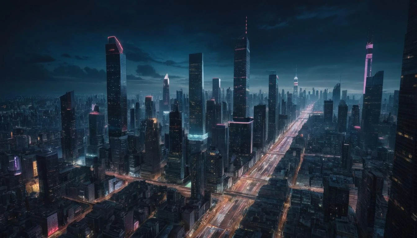 A futuristic cityscape, illuminated by neon lights and towering skyscrapers. captured on a sony A6000