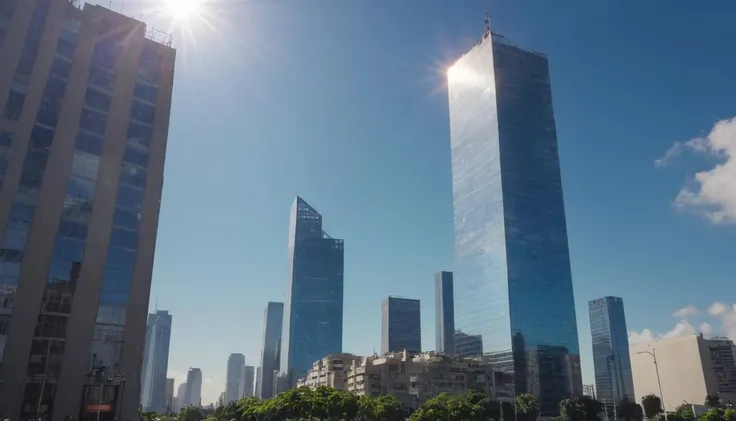 Towering above the cityscape, the skyscraper shimmered in the sunlight, its glass facade reflecting the blue sky. captured on a sony A6000