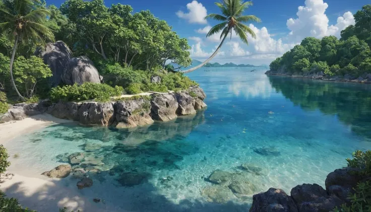 A lush tropical island, complete with crystal-clear lagoons and coral reefs. captured on a sony A6000
