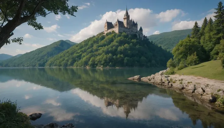 A historic European castle, perched on a cliff overlooking a serene lake. captured on a sony A6000
