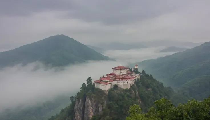 A secluded mountain-top monastery, shrouded in mist. captured on a sony A6000