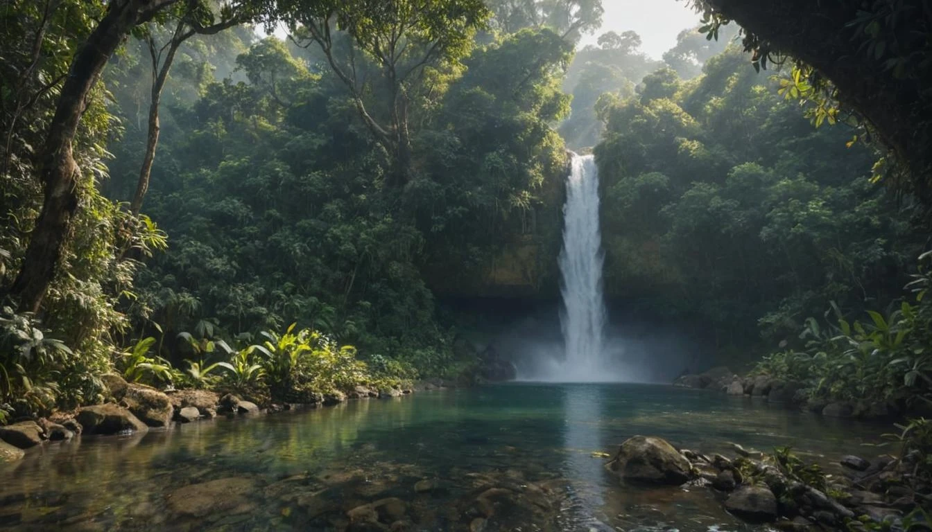 A hidden waterfall in the Amazon Rainforest, surrounded by exotic flora and fauna, accessible only by a narrow, winding path. captured on a sony A6000