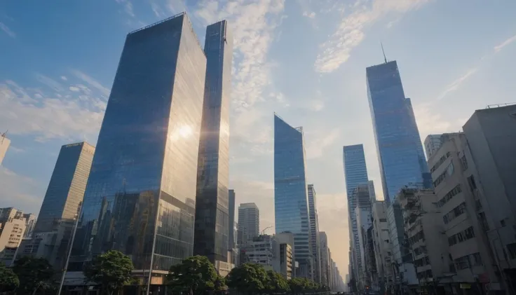 Towering above the cityscape, the skyscraper shimmered in the sunlight, its glass facade reflecting the blue sky. captured on a sony A6000