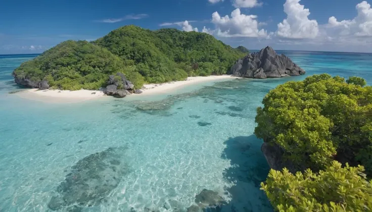 A lush tropical island, complete with crystal-clear lagoons and coral reefs. captured on a sony A6000