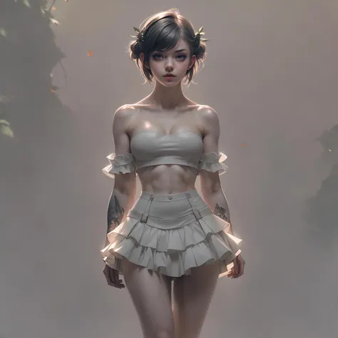 (photograph of a girl standing:1.35) (by WLOP and Artgerm, trending on artstation,:0.7) ruffled mini skirt, ((masterpiece, best quality), 1girl, pixie, in a fantasy forest, short hair, large breasts, corset top,:0.7) 