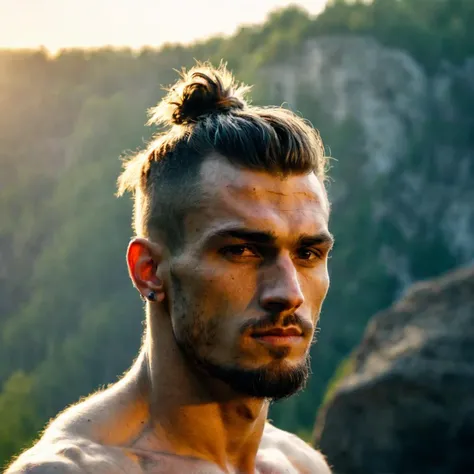 color graded cinematic, RAW photo, face shot of a man, handsome (Slav Ukrainian:1.1), toned body, brute, gritty, [[damp hair]], [man bun], shirtless, he is outdoors in early May, [[[during golden hour]]], dynamic shot, skin imperfections, natural lighting, [[[rock tattoos]]], (sharp focus)