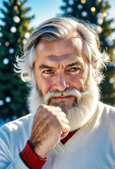 close-up photo, extended his arm bent at the elbow, (((folded his hand into a fist, give a fis, focus on the fist))),
(a strong Russian man of 60 years old with a long snow-white beard)
looks at the viewer, cheerfully and slyly with the cunning
winter, a bright sunny frosty day, fluffy Christmas trees in snow, snow sparkles under the rays of the sun,
((best quality)), ((masterpiece)), detailed soft oil painting, detailed background, soft edge lighting, professional, ultra quality, 4k,(masteriece, best quality, 8k, ultra highres, highres:1.4), extremely detailed,