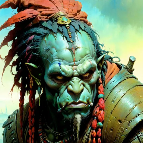 a orc warrior, dreadlocks, nose ring, art by Zdzislaw Beksinski and Moebius, colorful, trendy colors, bleak<lora:xl_more_art-full_v1:0.5>