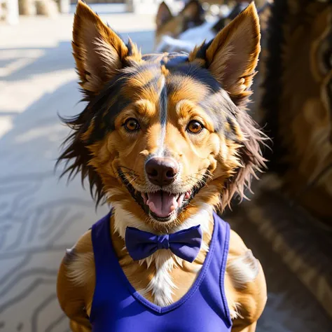 best quality,masterpiece,highly detailed,ultra-detailed, 1girl,<lora:neg4all_bdsqlsz_V3.5:-1> <lora:animalizationV02_last:2.5> tank top, medium breasts, bowtie, hair ornament, solo,upper body, blurry background, animalization, dog girl,