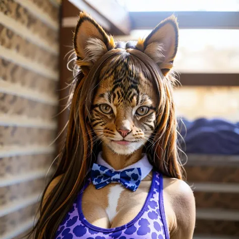 best quality,masterpiece,highly detailed,ultra-detailed, 1girl,<lora:neg4all_bdsqlsz_V3.5:-1> <lora:animalizationV02_last:2.5> tank top, medium breasts, bowtie, hair ornament, solo,upper body, blurry background, animalization, cat girl,