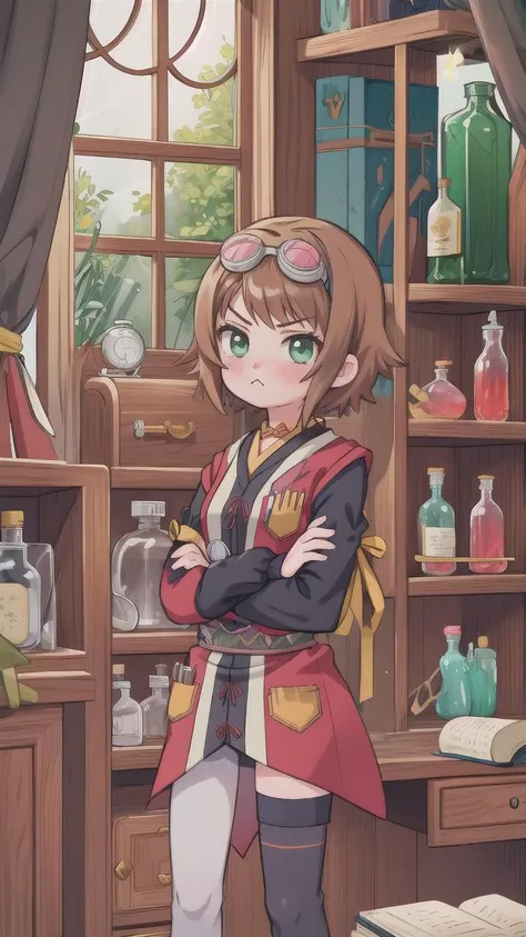 <lora:talesofvesperia_mordio-10:1> rita mordio, 1girl, solo, thighhighs, goggles, crossed arms, pout, scroll, asymmetrical clothes, old table, old shelves, potion bottles, fantasy, magic
