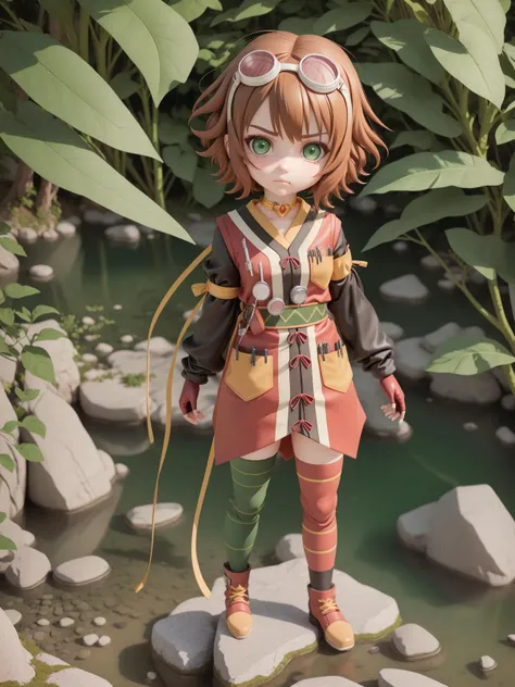 <lora:talesofvesperia_mordio-10:1> rita mordio, goggles on head, asymmetrical clothes, single leg pantyhose, fingerless gloves, choker, green eyes <lora:blindbox_v1_mix:0.7> full body, chibi:5, cute, (beautiful detailed face), (beautiful detailed eyes), (beautiful detailed hair), sulking, frowning, one foot on a rock, (outside, nature)