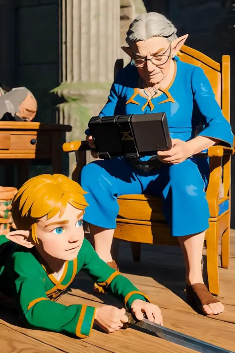 An old lady sits in a rocking chair while a kid plays on the floor, highres, high resolution, sharp focus, detailed, cinematic, artistic shadow, sidelighting, pointy ears,
<lora:LowRA:0.1> <lora:zelda_v2:0.9>
ADDBASE
AS-MidAged old grey-haired zelda\(princess\) in a blue dress, sitting in a rocking chair, using a [Nintendo Switch|Sheikah Slate] to take a photo of
ADDROW
AS-Young Link as a kid with a blonde mullet, wearing green pajamas, sitting on the floor in front of zelda\(princess\), playing with a wooden sword.