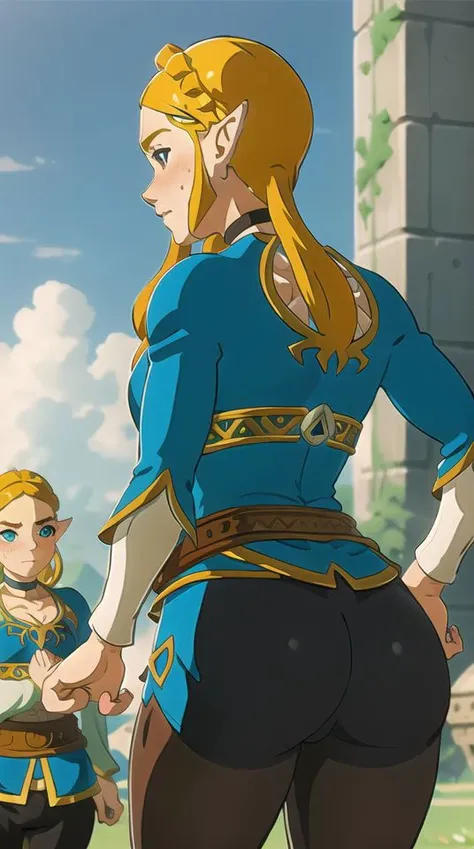 masterpiece,best quality,1girl,blush,tight,multiple boys,outside,crowd,choker,sweat,park,day,blonde hair,parody,(smirk:0.6),solo focus,from below,<lora:zelda_v2:1>,zelda\(princess\),facing away,ass,brown yoga pants,