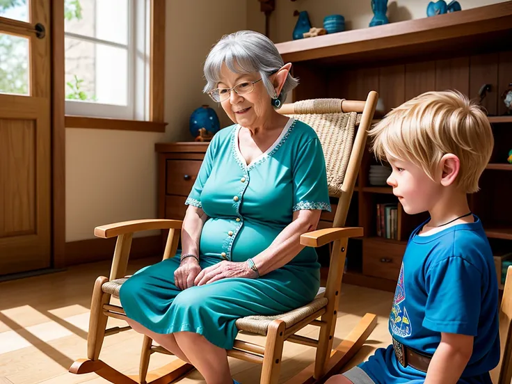 An old lady sits in a rocking chair while a kid plays on the floor, highres, high resolution, sharp focus, detailed, cinematic, artistic shadow, sidelighting, pointy ears, <lora:LowRA:0.1> <lora:zelda_v2:0.9> ADDBASE AS-MidAged old grey-haired zelda\(princess\) in a blue dress, sitting in a rocking chair, using a [Nintendo Switch|Sheikah Slate] to take a photo of ADDROW AS-Young Link as a kid with a blonde mullet, wearing green pajamas, sitting on the floor in front of zelda\(princess\), playing with a wooden sword.