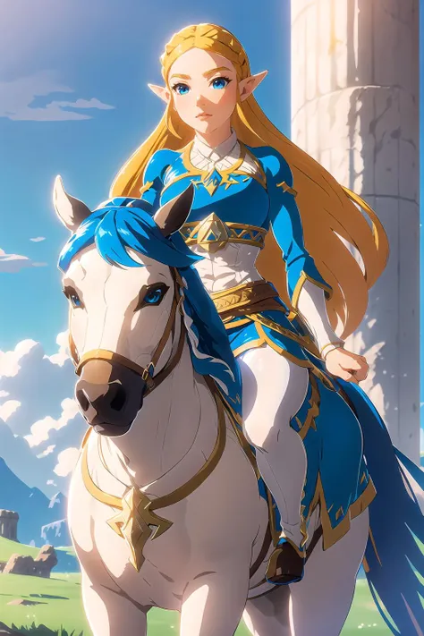 beautiful, zelda\(princess\) riding on a horse, 1girl, 1horse, white pantyhose, 2d, anime, blue tunic, blue skirt, white undershirt, immaculate, hdr, 8k
<lora:zeldaBotW:0.8> <lora:ridingOnA:0.4>