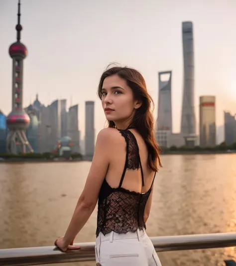 cinematic film still (sunrise time) photo of a 21 years old german woman, wearing black lace bra and white pants,small tits, long [[purple]] hair, standing in front of the Shanghai skyline <lora:better_Shanghai_skyline-8:1>, [Shanghai Tower, Shanghai World Financial Center, Oriental Pearl Tower, Jin Mao Tower], [[reflections on the water]], birds flying in the background <lora:offset_0.2:0.45> . shallow depth of field, vignette, highly detailed, high budget, bokeh, cinemascope, moody, epic, gorgeous, film grain, grainy