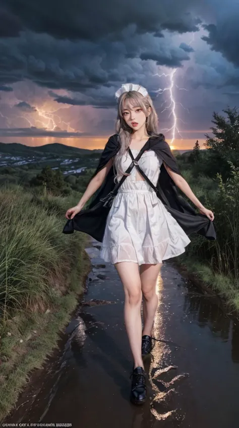 1girl, flat chest, shiny skin, maid uniform, maid dress, white apron, black footwear, maid headdress, running, fleeing, scared expression, fearful, panic, wide eyes, :o, open mouth, unnatural posture, dynamic pose, strained, body twisted, limbs akimbo, motion blur, cloak, flowing cloak, hood, obscured face, dark clouds, thunderstorm, lightning, storm, rain, pouring rain, puddle, wet ground, rocky terrain, cliff, ravine, uneven ground, treacherous path, mountain, hills, dusk, sunset, orange sky, silhouette, dramatic lighting, chiaroscuro, highlights, shadows, dramatic atmosphere, suspense, action, adventure, single subject, masterpiece, best quality, official art, extremely detailed CG unity 8k wallpaper, artbook, real life, instagram, cinematic lighting, high quality shadow, ulzzang:0.8, <lora:epi_noiseoffset2:0.3>, <lora:InstantPhotoX3:0.2>, <lora:picxer_real:0.4>,