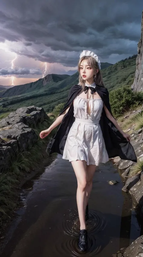 1girl, flat chest, shiny skin, maid uniform, maid dress, white apron, black footwear, maid headdress, running, fleeing, scared expression, fearful, panic, wide eyes, :o, open mouth, unnatural posture, dynamic pose, strained, body twisted, limbs akimbo, motion blur, cloak, flowing cloak, hood, obscured face, dark clouds, thunderstorm, lightning, storm, rain, pouring rain, puddle, wet ground, rocky terrain, cliff, ravine, uneven ground, treacherous path, mountain, hills, dusk, sunset, orange sky, silhouette, dramatic lighting, chiaroscuro, highlights, shadows, dramatic atmosphere, suspense, action, adventure, single subject, masterpiece, best quality, official art, extremely detailed CG unity 8k wallpaper, artbook, real life, instagram, cinematic lighting, high quality shadow, ulzzang:0.8, <lora:epi_noiseoffset2:0.3>, <lora:InstantPhotoX3:0.2>, <lora:picxer_real:0.4>,