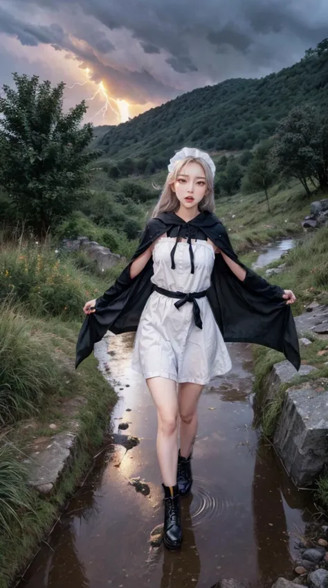 1girl, flat chest, shiny skin, maid uniform, maid dress, white apron, black footwear, maid headdress, running, fleeing, scared expression, fearful, panic, wide eyes, :o, open mouth, unnatural posture, dynamic pose, strained, body twisted, limbs akimbo, motion blur, cloak, flowing cloak, hood, obscured face, dark clouds, thunderstorm, lightning, storm, rain, pouring rain, puddle, wet ground, rocky terrain, cliff, ravine, uneven ground, treacherous path, mountain, hills, dusk, sunset, orange sky, silhouette, dramatic lighting, chiaroscuro, highlights, shadows, dramatic atmosphere, suspense, action, adventure, single subject, masterpiece, best quality, official art, extremely detailed CG unity 8k wallpaper, artbook, real life, instagram, cinematic lighting, high quality shadow, ulzzang:0.8, <lora:epi_noiseoffset2:0.3>, <lora:InstantPhotoX3:0.2>, <lora:picxer_real:0.4>,