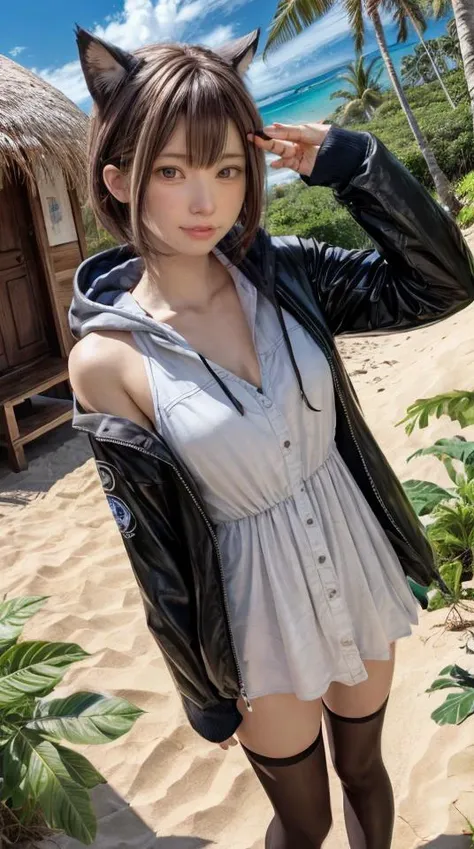 1girl, flat chest, shiny skin, short hair, black hair, ahoge, messy hair, payot, twintails, short twintails, animal ears, animal ear fluff, bat ears, bangs, hair between eyes, bat hair ornament, expressionless, empty eyes, red eyes, glowing eyes, white dress, short dress, pleated skirt, hooded jacket, black jacket, open jacket, open clothes, black hood, hood down, long sleeves, wide sleeves, sleeves past wrists, sleeves past fingers, black thighhighs, zettai ryouiki, boots, black footwear, jungle, outdoors, day, sky, blue sky, trees, foliage, coastline, beach, palm trees, vegetation, ocean, sea, shore, sand, corals, waves, tropical island, sun, sunlight, heat, huts, wooden structures, andaman islands, sentinel island, north sentinel island, masterpiece, best quality, official art, extremely detailed CG unity 8k wallpaper, artbook,