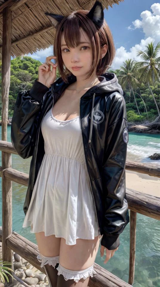 1girl, flat chest, shiny skin, short hair, black hair, ahoge, messy hair, payot, twintails, short twintails, animal ears, animal ear fluff, bat ears, bangs, hair between eyes, bat hair ornament, expressionless, empty eyes, red eyes, glowing eyes, white dress, short dress, pleated skirt, hooded jacket, black jacket, open jacket, open clothes, black hood, hood down, long sleeves, wide sleeves, sleeves past wrists, sleeves past fingers, black thighhighs, zettai ryouiki, boots, black footwear, jungle, outdoors, day, sky, blue sky, trees, foliage, coastline, beach, palm trees, vegetation, ocean, sea, shore, sand, corals, waves, tropical island, sun, sunlight, heat, huts, wooden structures, andaman islands, sentinel island, north sentinel island, masterpiece, best quality, official art, extremely detailed CG unity 8k wallpaper, artbook,