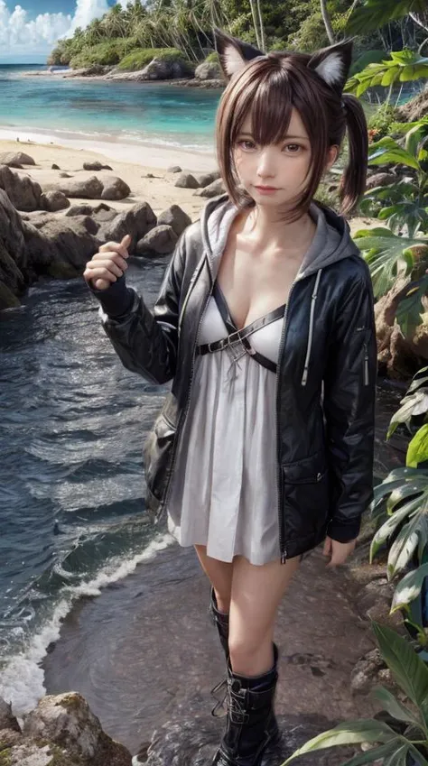 1girl, flat chest, shiny skin, short hair, black hair, ahoge, messy hair, payot, twintails, short twintails, animal ears, animal ear fluff, bat ears, bangs, hair between eyes, bat hair ornament, expressionless, empty eyes, red eyes, glowing eyes, white dress, short dress, pleated skirt, hooded jacket, black jacket, open jacket, open clothes, black hood, hood down, long sleeves, wide sleeves, sleeves past wrists, sleeves past fingers, black thighhighs, zettai ryouiki, boots, black footwear, jungle, outdoors, day, sky, blue sky, trees, foliage, coastline, beach, palm trees, vegetation, ocean, sea, shore, sand, corals, waves, tropical island, sun, sunlight, heat, huts, wooden structures, andaman islands, sentinel island, north sentinel island, masterpiece, best quality, official art, extremely detailed CG unity 8k wallpaper, artbook,