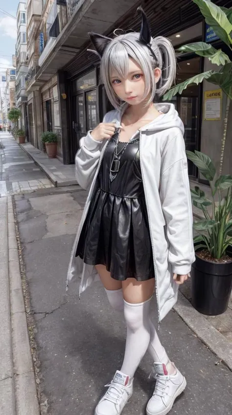 1girl, flat chest, shiny skin, short hair, white hair, ahoge, messy hair, payot, twintails, short twintails, animal ears, animal ear fluff, bat ears, bangs, hair between eyes, bat hair ornament, seductive smile, empty eyes, red eyes, glowing eyes, black dress, short dress, pleated skirt, hooded jacket, white jacket, open jacket, open clothes, white hood, hood down, long sleeves, wide sleeves, sleeves past wrists, sleeves past fingers, white thighhighs, zettai ryouiki, boots, white footwear, street, building, urban, trash can, debris, potted plants, vehicles, asphalt, city streets, garbage containers, trash bags, plant on street, sidewalks, pavers, building facade, masterpiece, best quality, official art, extremely detailed CG unity 8k wallpaper, artbook,