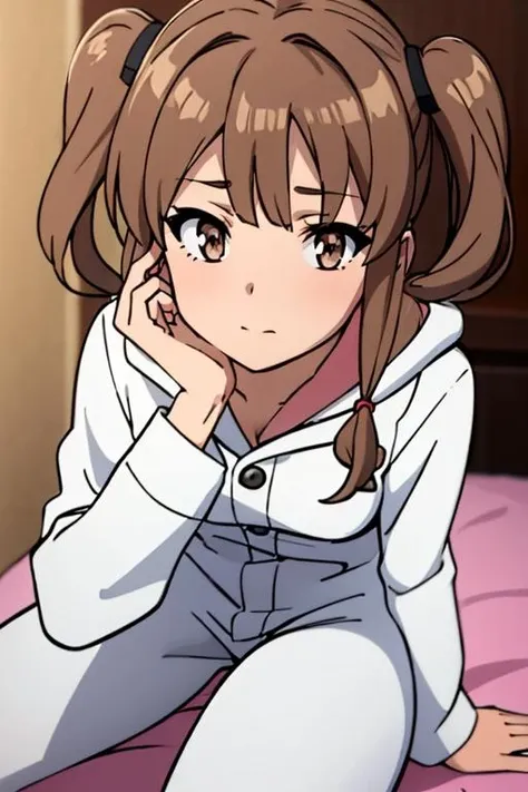 (masterpiece, best quality), 1girl, beautiful face, <lora:Kaede:0.7> pikkykaede, 1girl, solo, looking at viewer, brown hair, bangs, long hair, twintails, brown eyes, breasts, small breasts, animal costume, pajamas, hood, long sleeves, socks