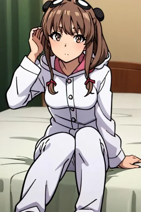 (masterpiece, best quality), 1girl,  beautiful face,  <lora:Kaede:0.7> pikkykaede, 1girl,  solo, looking at viewer, brown hair, bangs, long hair, twintails, brown eyes, breasts, small breasts, animal costume, pajamas, hood, long sleeves, socks