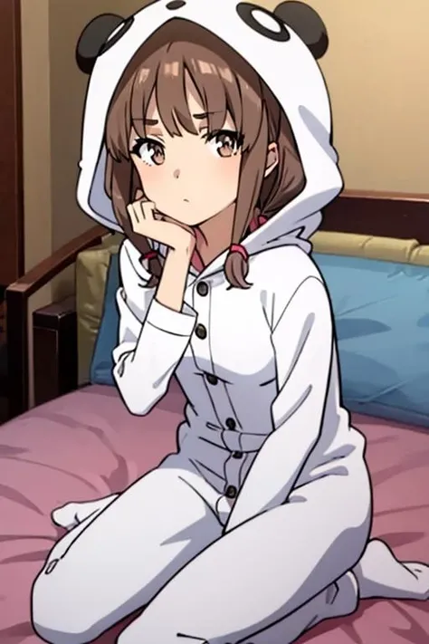 (masterpiece, best quality), 1girl, beautiful face, <lora:Kaede:0.7> pikkykaede, 1girl, solo, looking at viewer, brown hair, bangs, long hair, twintails, brown eyes, breasts, small breasts, animal costume, pajamas, hood, long sleeves, socks