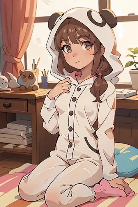 (masterpiece, best quality), 1girl, beautiful face, <lora:Kaede:0.7> pikkykaede, 1girl, solo, looking at viewer, brown hair, bangs, long hair, twintails, brown eyes, breasts, small breasts, animal costume, pajamas, hood, long sleeves, socks