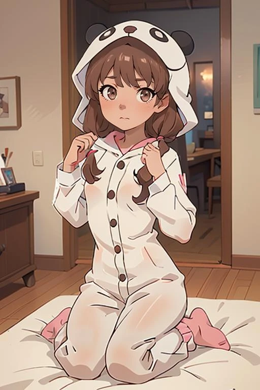 (masterpiece, best quality), 1girl, beautiful face, <lora:Kaede:0.7> pikkykaede, 1girl, solo, looking at viewer, brown hair, bangs, long hair, twintails, brown eyes, breasts, small breasts, animal costume, pajamas, hood, long sleeves, socks