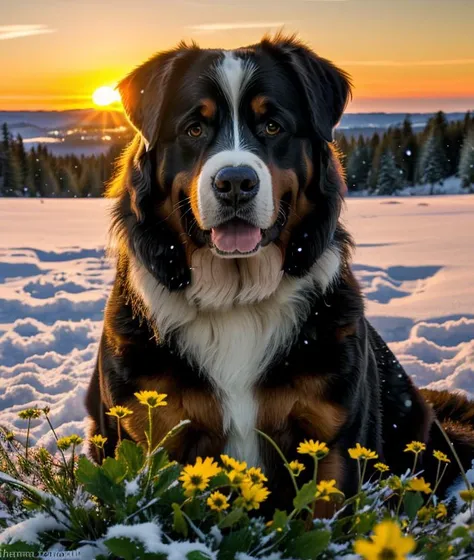 <b0d3b3>, spectacular light, upper body, Leaves, sunset, Colorful flowers, close portrait photo, Twilight, Green meadow, Ultra-HD-details, ((snow))