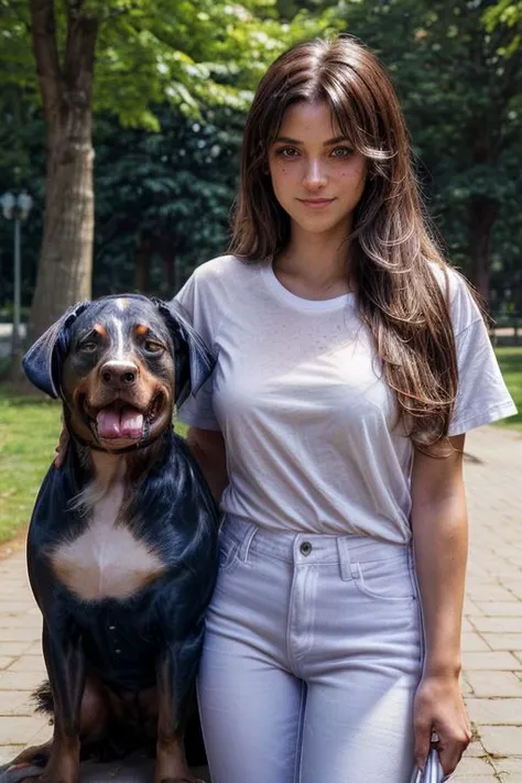 (((German girl with brunette hair,blue eyes holding (a dog,b0d3b3) wearing (white T-shirt and blue jeans)))) holding majestic looking dog with both hands, enjoying sunny day in park,18 years old, (striking features), ((large breasts))),smiling, beauty,(Tattoo), intricate details, dramatic composition, (updo hair), braided hair,wispy hair, waist length hair, contrast, texture, realism, high-quality rendering, stunning art, high quality, film grain, light acne,(((blemishes, detailed skin, detailed face , freckled , perfect face,long face,perfect eyes))), athletic body,long legs,ultra high resolution,4k, high quality background of Sunny day in a park