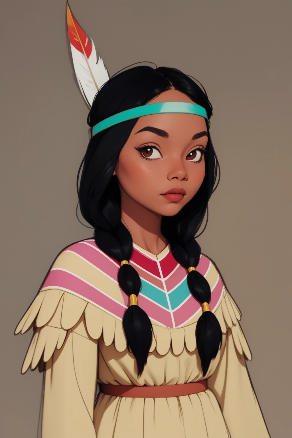 masterpiece, best quality, 1girl, tlily, black hair, twintails, feather hair ornament, headband, dark skin, dress, native american, upper body, sketch, looking at viewer, night, meadow background <lora:TigerLily:1>